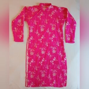 Hot Pink Silk Floral Snap Collar Chinese Cheongsam Woman's Dress Handmade